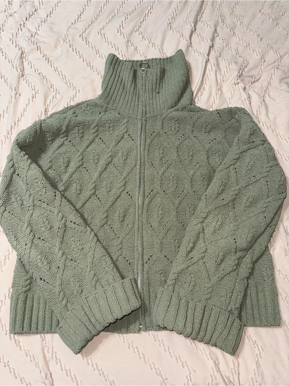 Pink Republic Sage Green Cable-Knit Zip Turtleneck Sweater